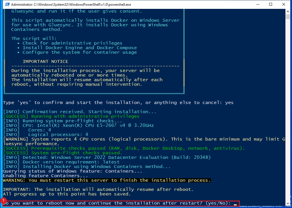 PowerShell window showing the restart question marked by annotation 1