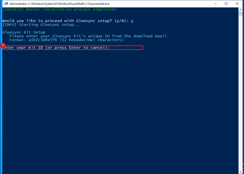 PowerShell window with the prompt Enter your kit ID marked by annotation 1