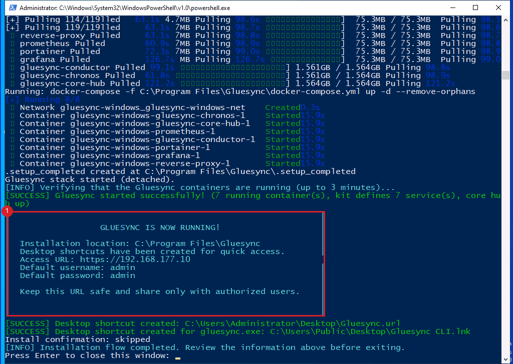 PowerShell window with the box GLUESYNC IS NOW RUNNING marked by annotation 1