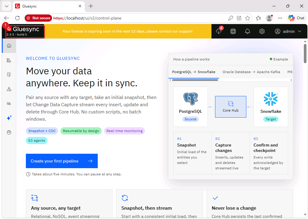 Gluesync Control Plane home page after the update with the version label marked by annotation 1