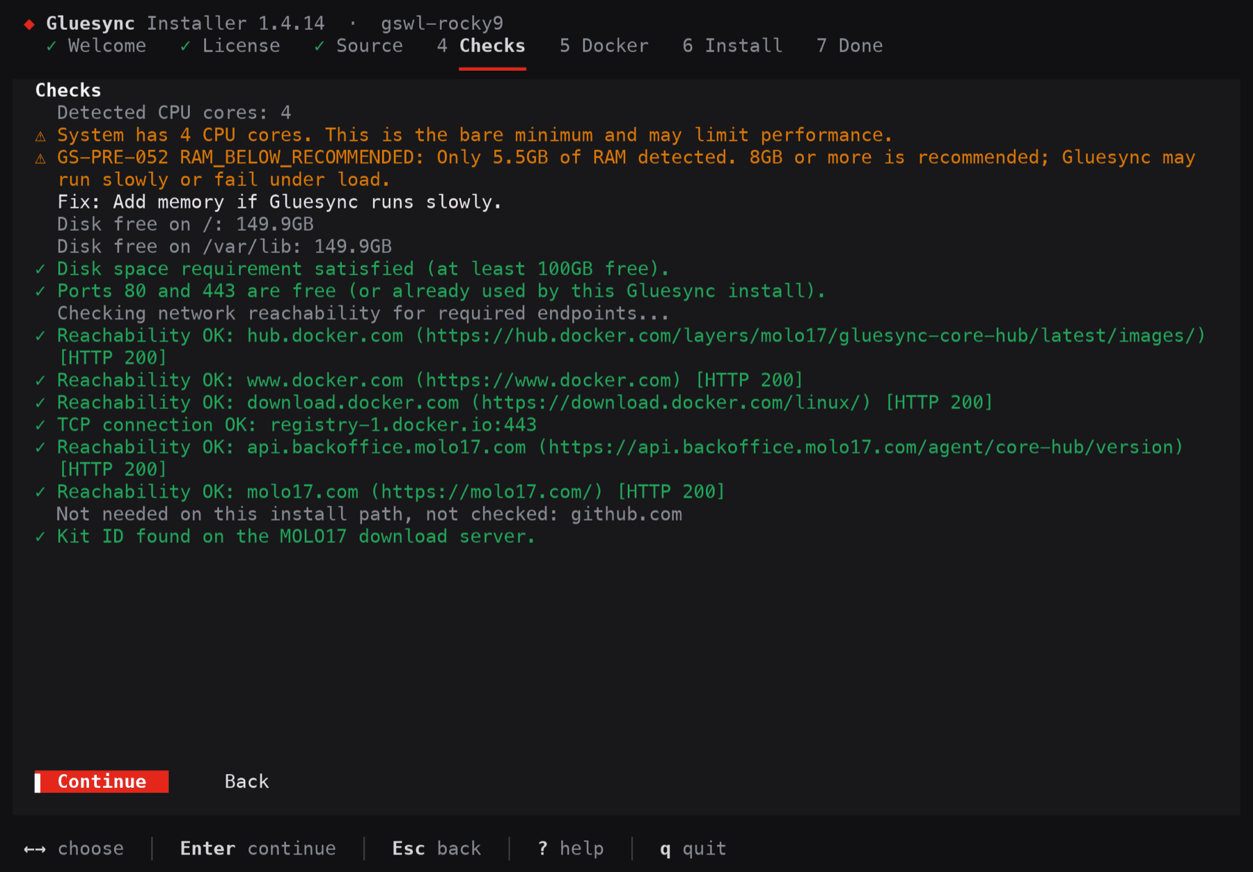 Gluesync installer Checks screen on Rocky Linux with two warnings