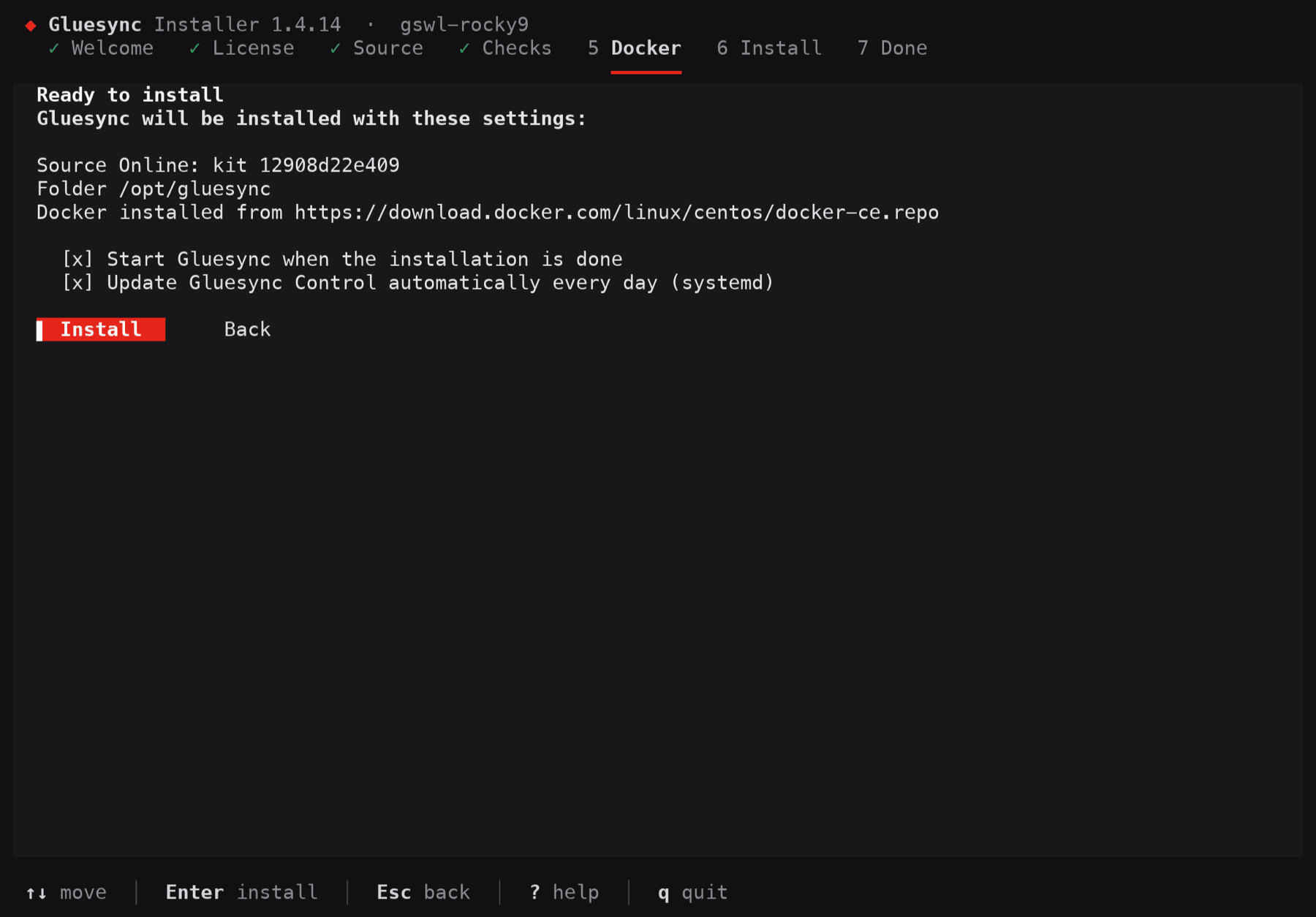 Gluesync installer Ready to install screen with the kit ID