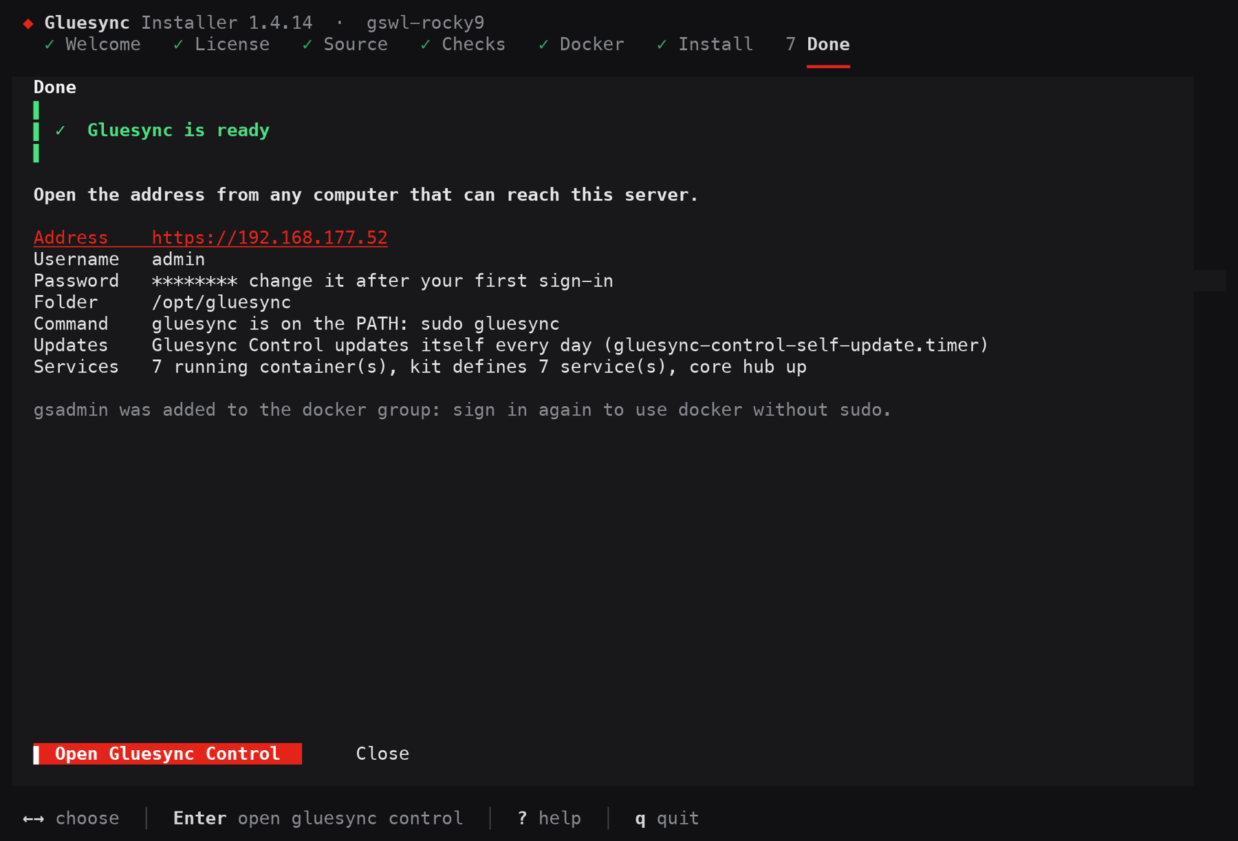 Gluesync installer Done screen with Gluesync is ready
