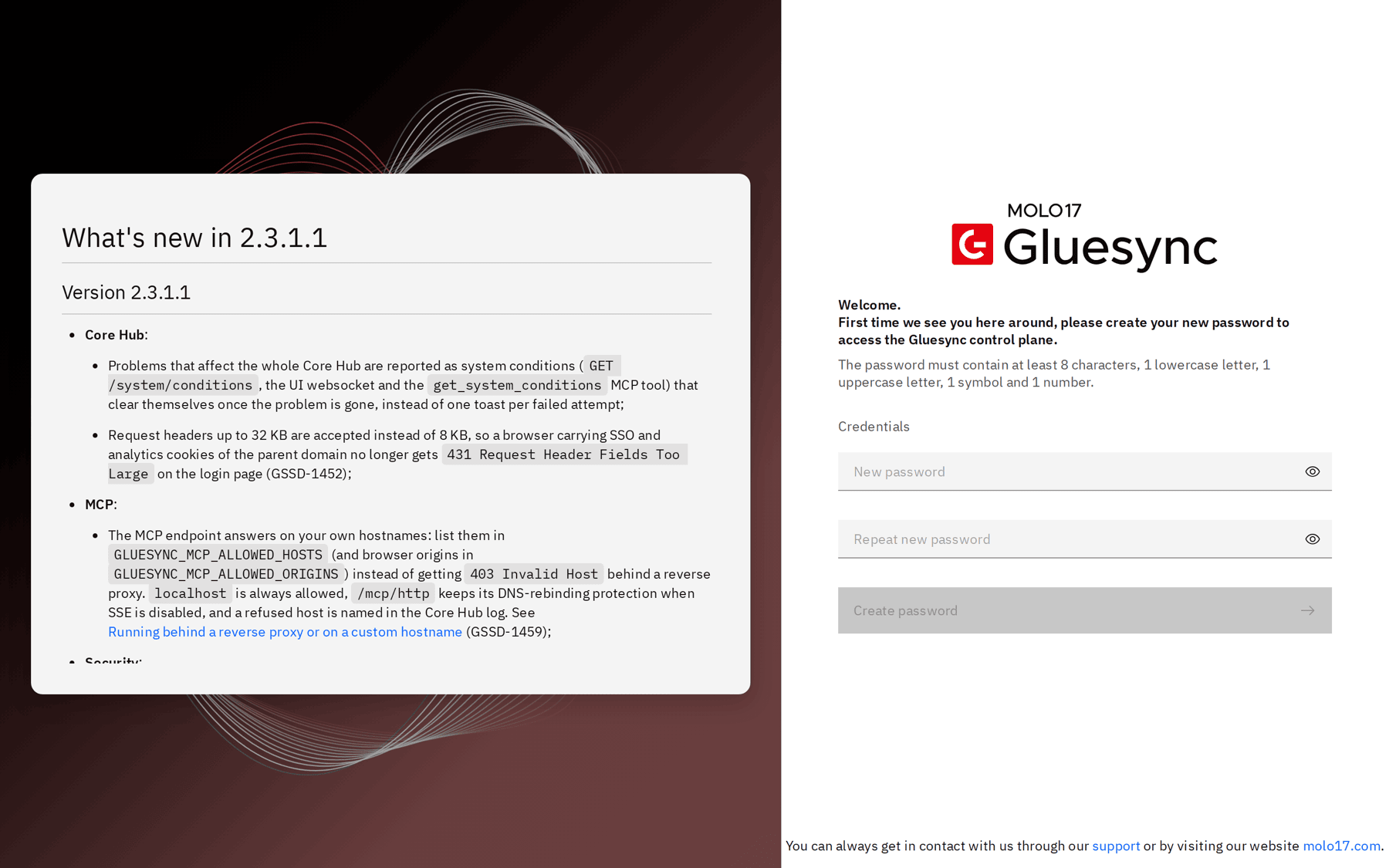 Gluesync Control Plane first sign-in with the message to create a new password and the New password and Repeat new password fields