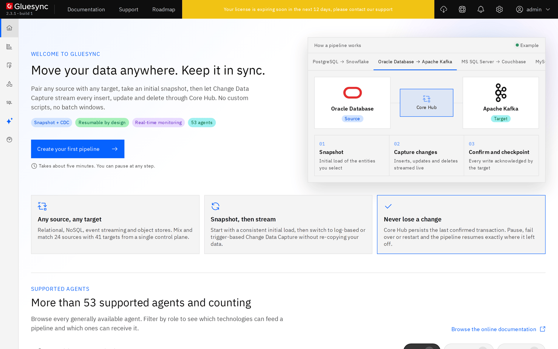 Gluesync Control Plane home page of a new installation with the version 2.3.1 build 1 under the logo and the Create your first pipeline button