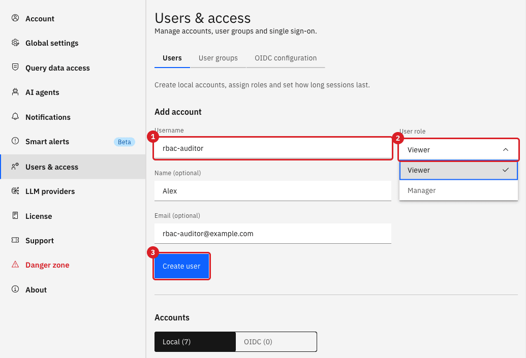 Add account form with the username field marked 1