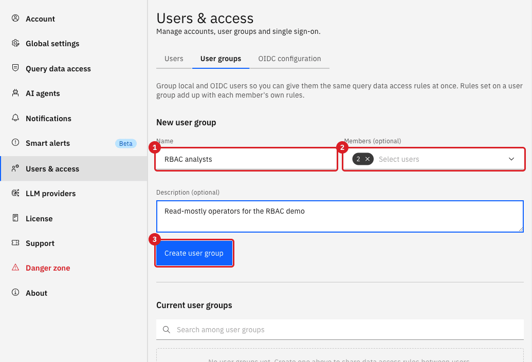 New user group form with the name field marked 1