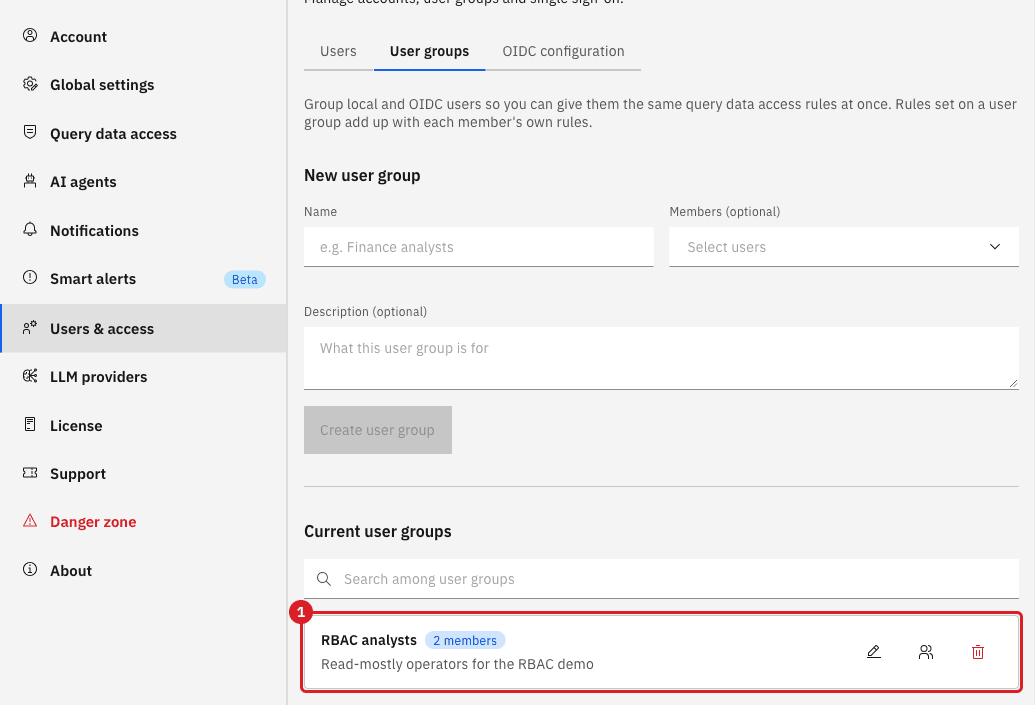 Current user groups list with the RBAC analysts group