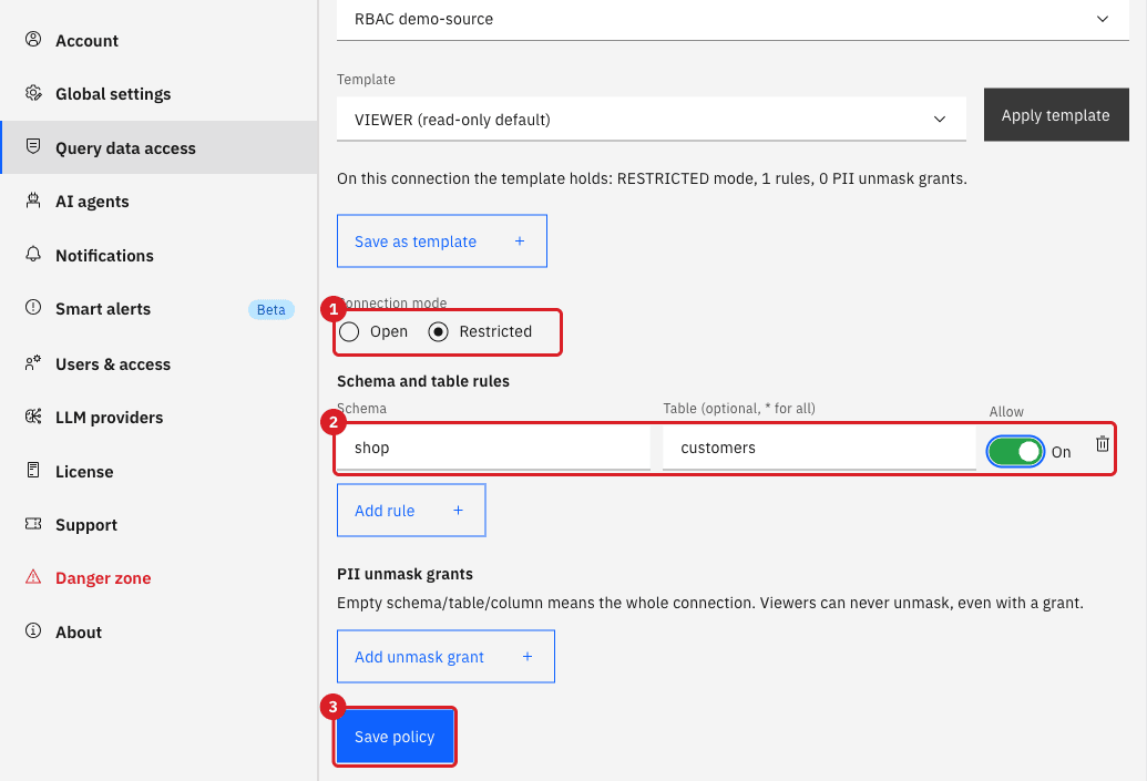 Query data access panel with the Restricted mode marked 1