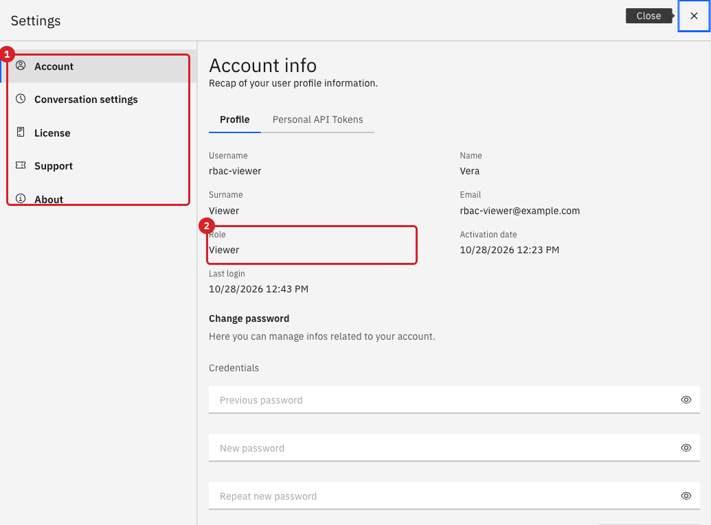 Settings dialog as rbac-viewer: the five sections listed marked 1 and the Role field showing Viewer marked 2