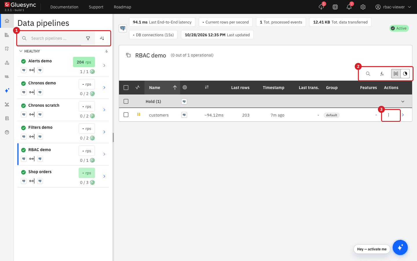 RBAC demo pipeline as rbac-viewer: the list header without a create button marked 1
