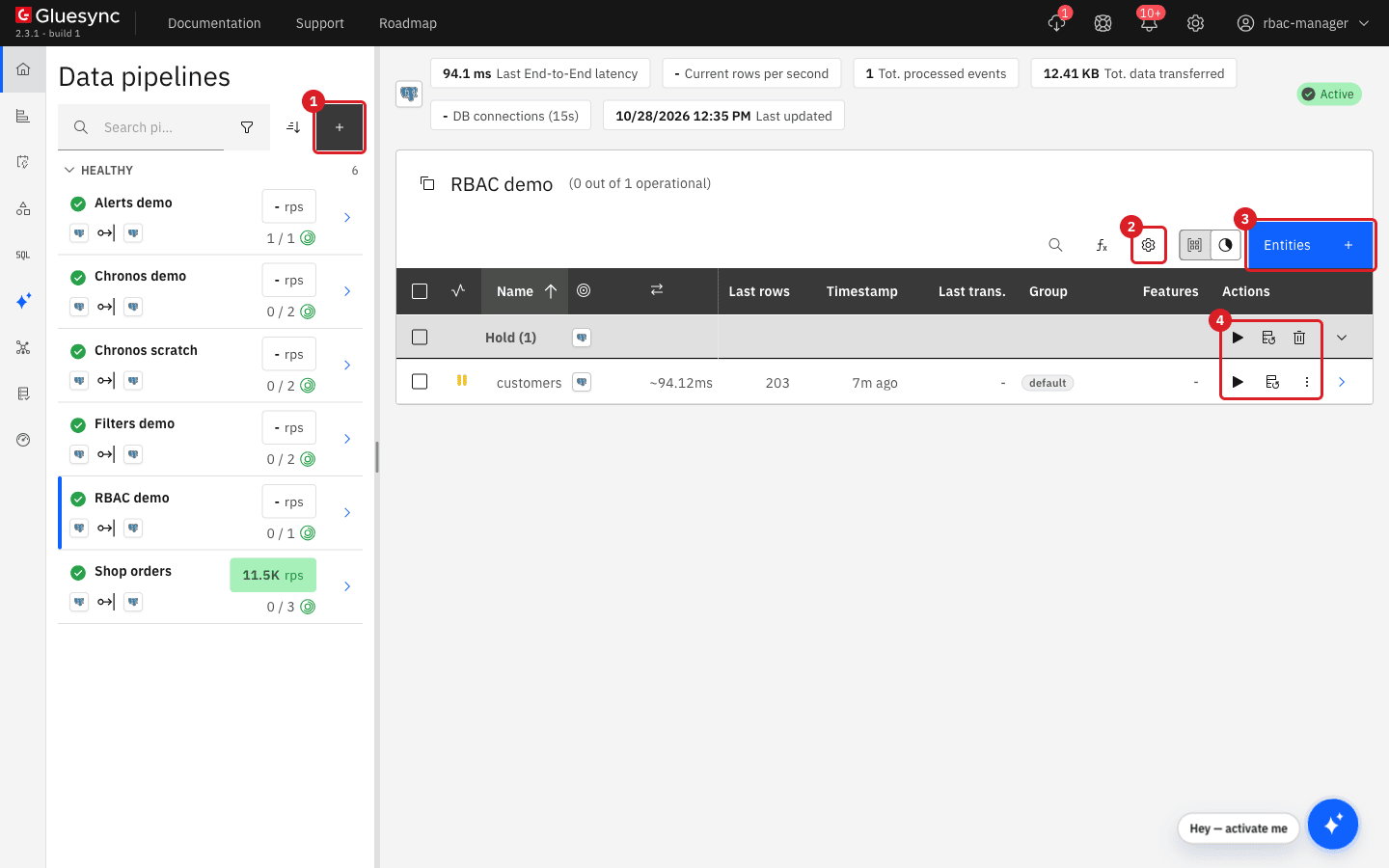 RBAC demo pipeline as rbac-manager: the create pipeline button marked 1