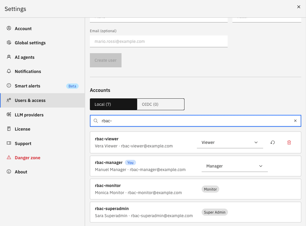 Settings dialog as rbac-manager: Users & access section with the accounts rbac-viewer and rbac-manager editable and rbac-monitor and rbac-superadmin shown as labels