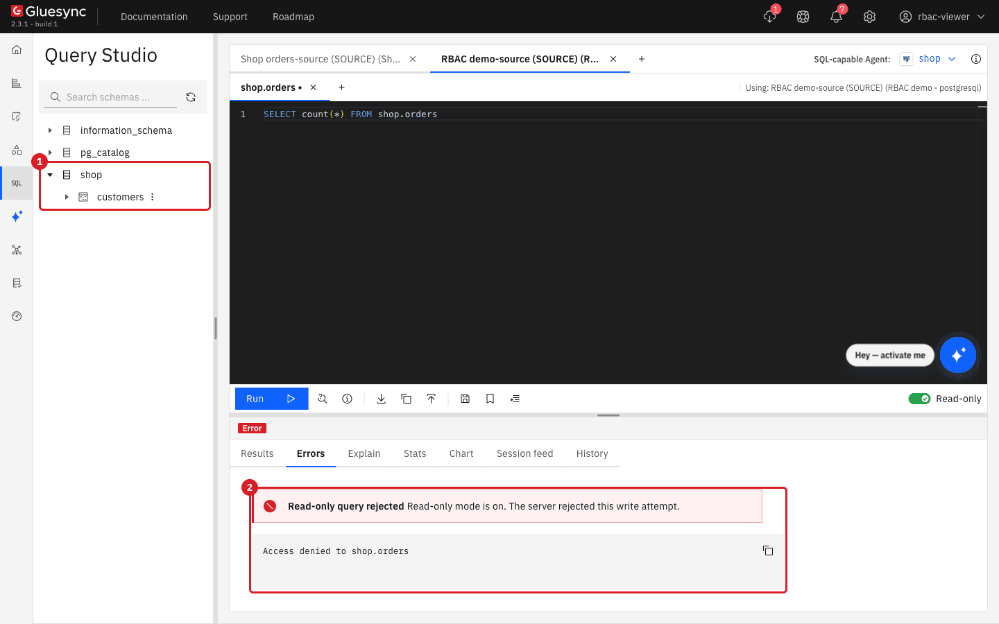 Query Studio as rbac-viewer: the shop schema lists only the customers table