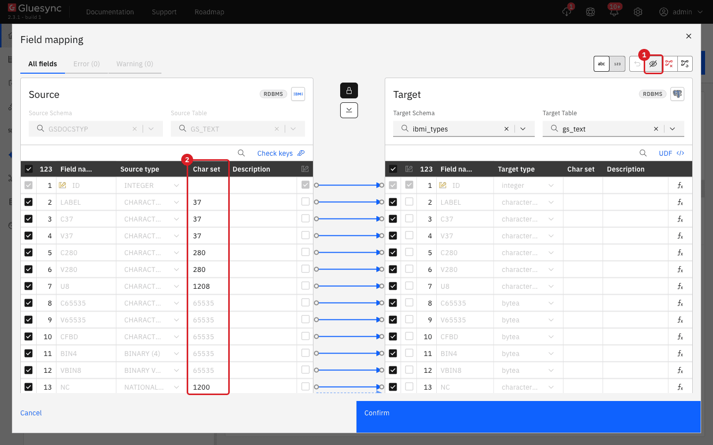 Field mapping dialog with the Show all columns icon marked by annotation 1 and the Char set column marked by annotation 2
