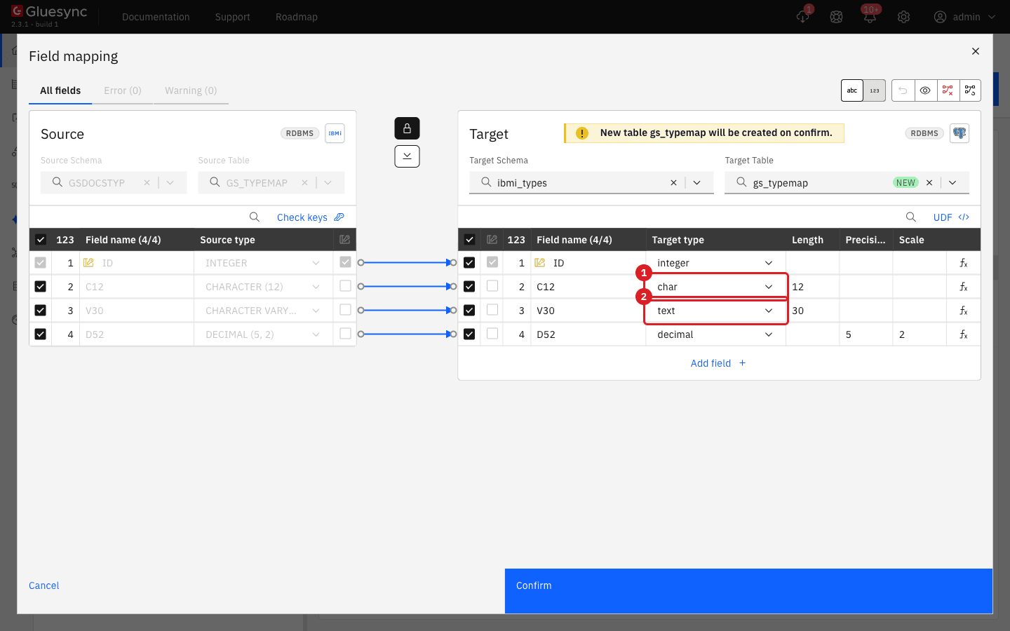 Field mapping dialog for a new table with the Target type of C12 marked by annotation 1 and the Target type of V30 marked by annotation 2