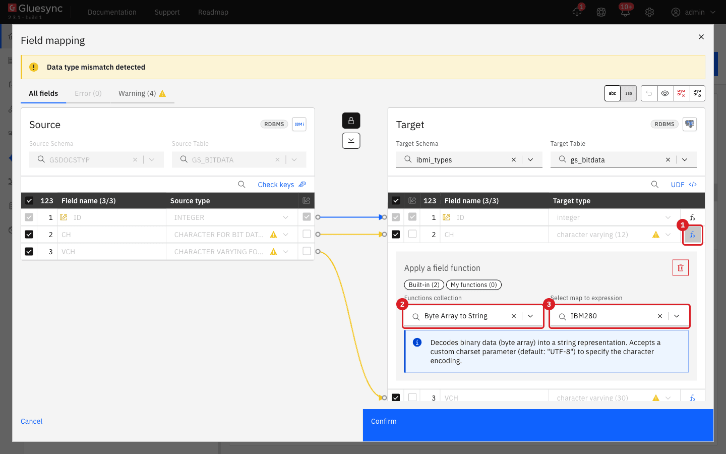 Field mapping dialog with the fx icon marked by annotation 1