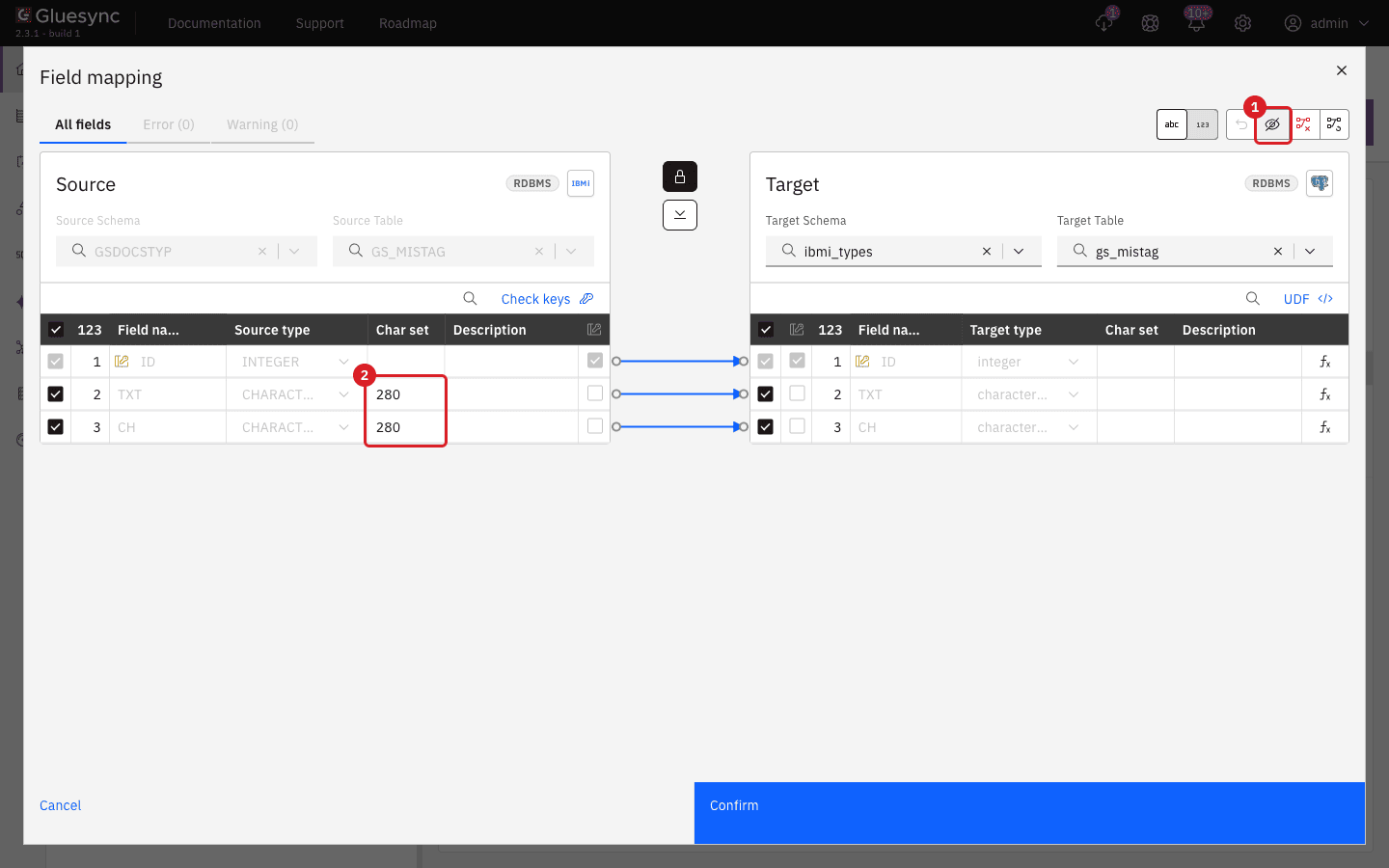Field mapping dialog with the Show all columns icon marked by annotation 1 and the Char set cells of two columns