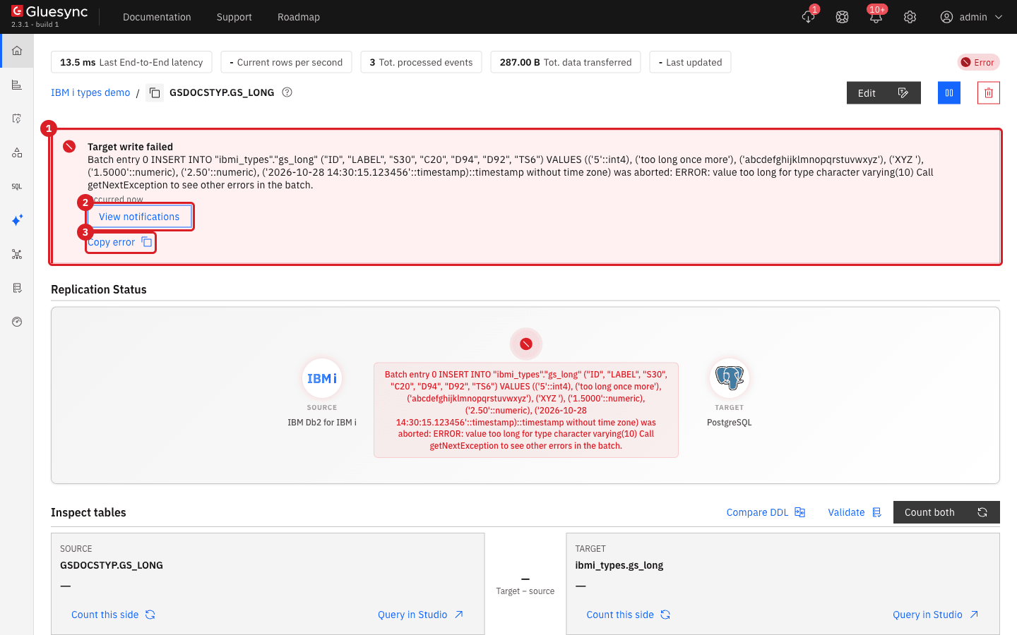 Entity page with the Target write failed banner marked by annotation 1