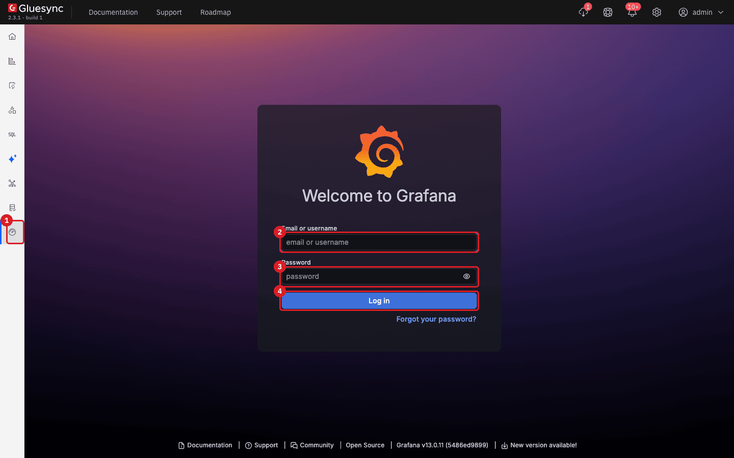 Control Plane with the Metrics & Insights menu item marked 1 and the Grafana login form with the username field