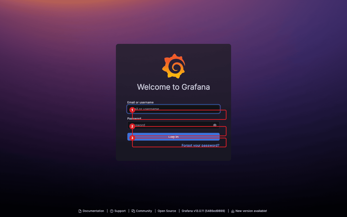 Grafana login page at the grafana address of the host with the username field