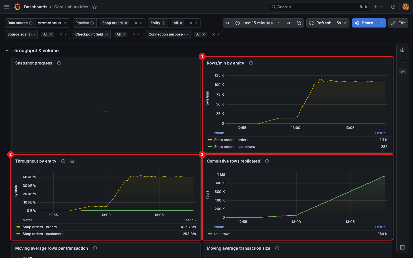 Throughput and volume section with Rows/min by entity at about 111 thousand for orders marked 1