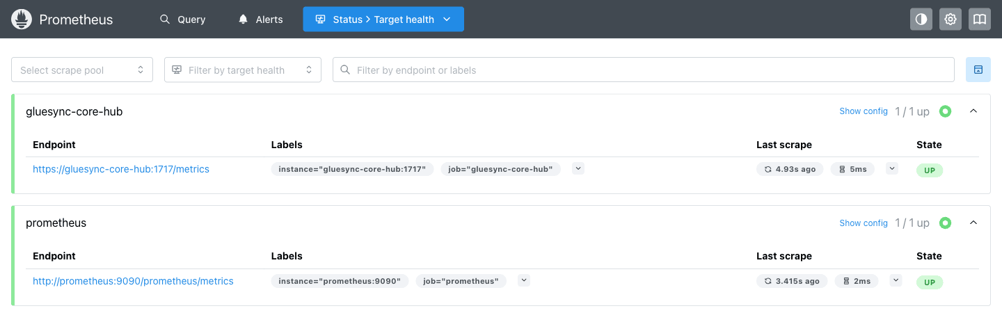Prometheus Target health page listing the gluesync-core-hub target and the prometheus target