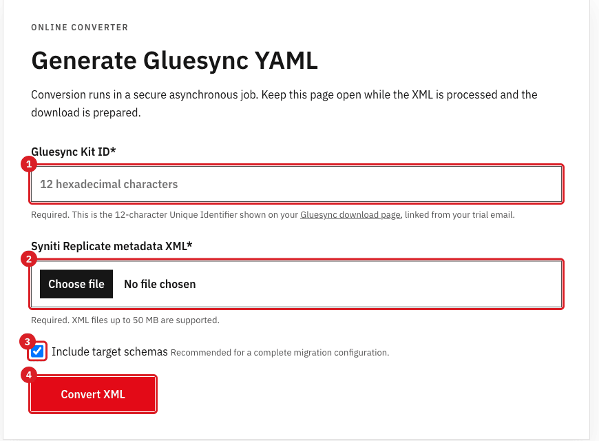The online converter form with the Gluesync Kit ID field
