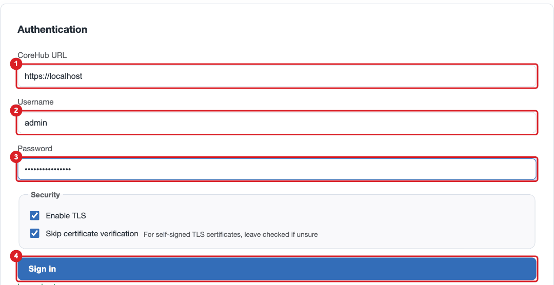 The Automator Authentication form with CoreHub URL
