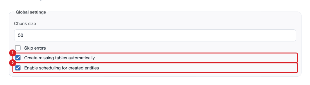The Global settings group of the Automator Settings tab with the two selected options marked 1 and 2