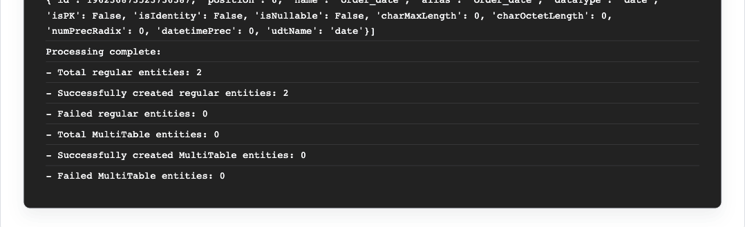 The end of the Automator Execution log with 2 regular entities created and 0 failed