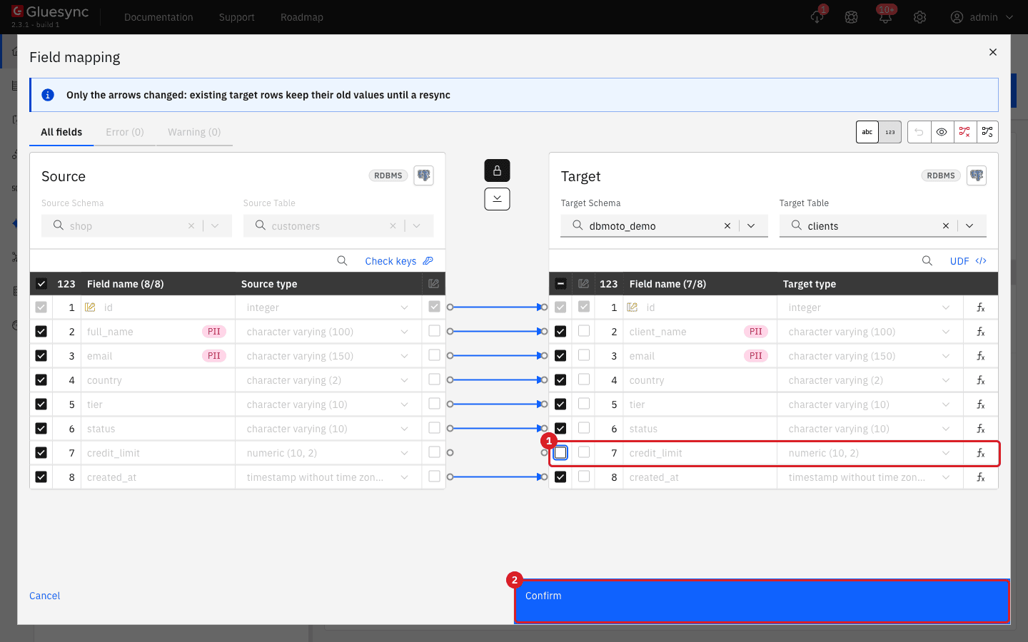 The Field mapping dialog of shop.customers with the target field credit_limit cleared and marked 1