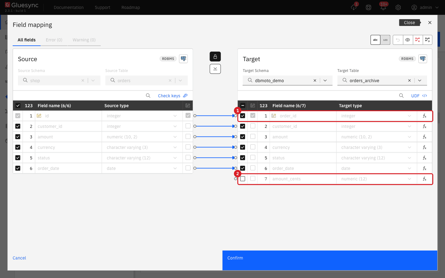 The Field mapping dialog of shop.orders where order_id is fed by id and the target field amount_cents has no arrow