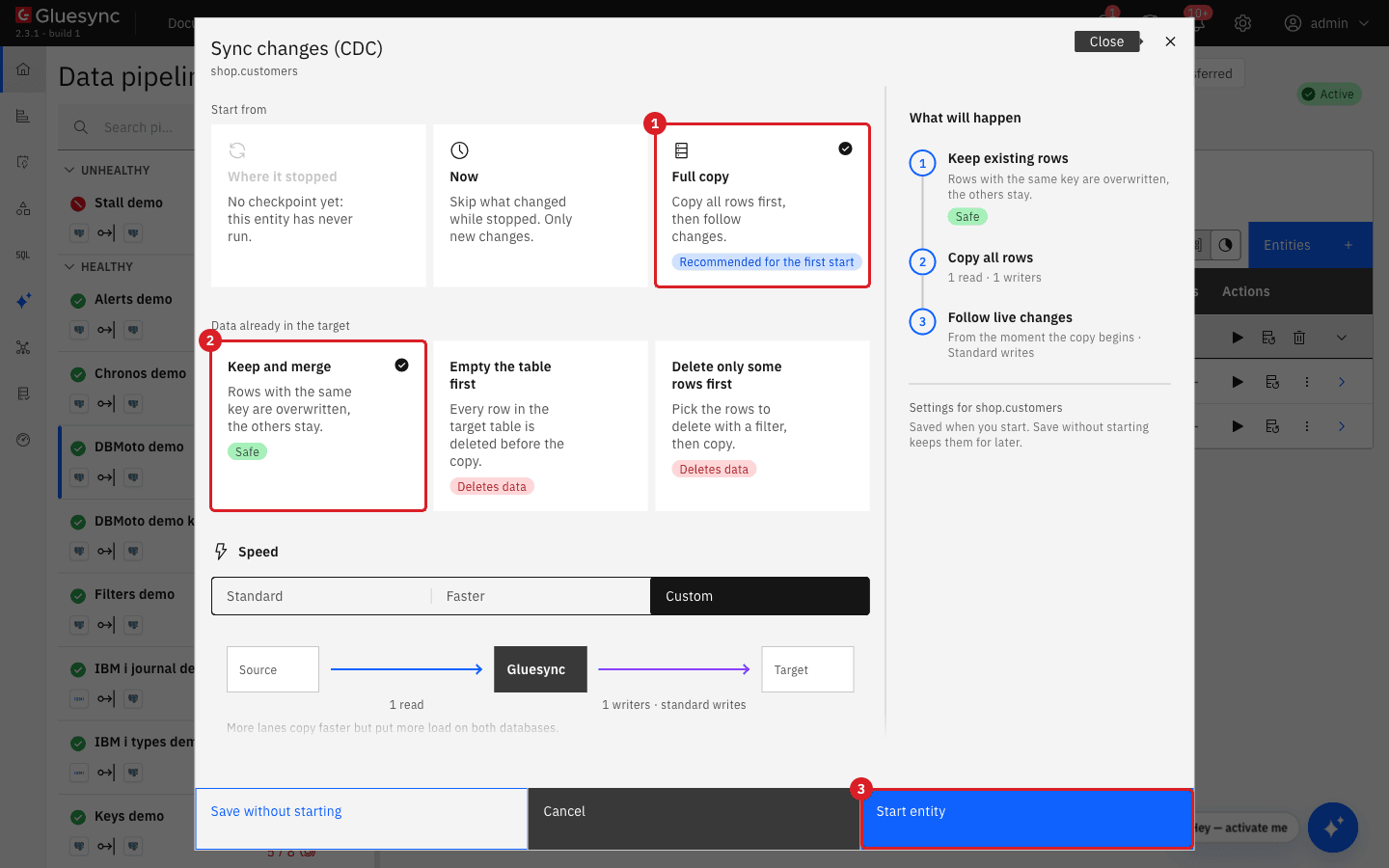 The Sync changes (CDC) dialog with Full copy marked 1