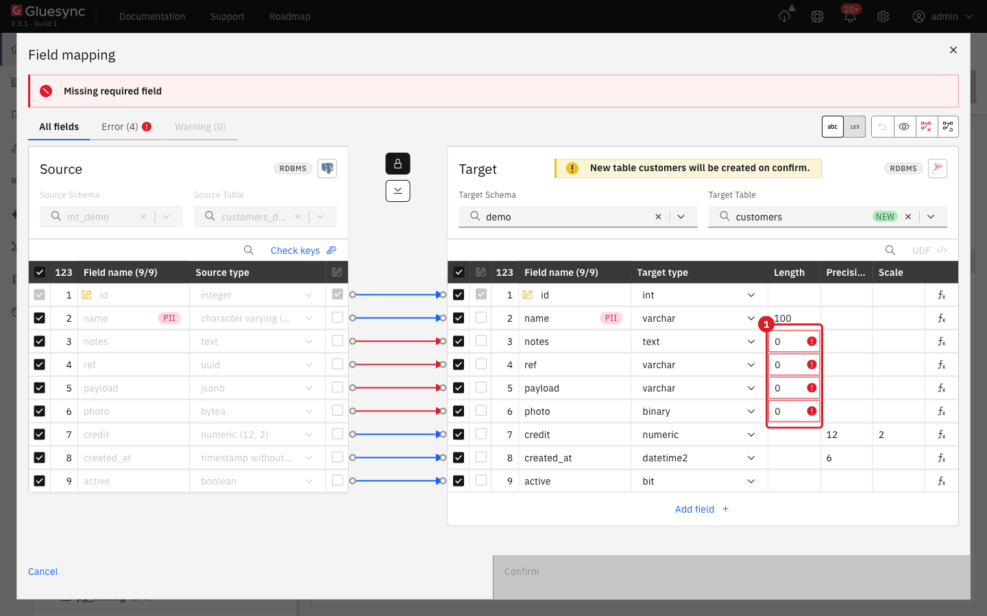 Field mapping dialog creating the table customers