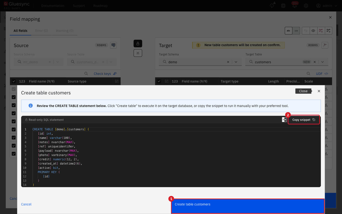 Create table customers dialog with the read-only CREATE TABLE statement for the demo.customers table