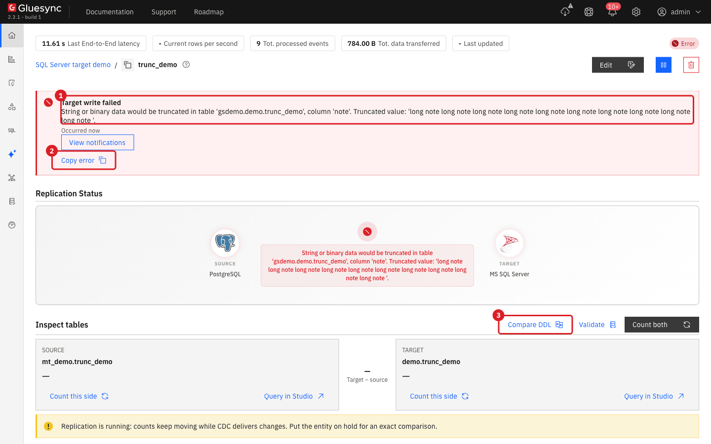 Entity page in error with the Target write failed banner marked 1