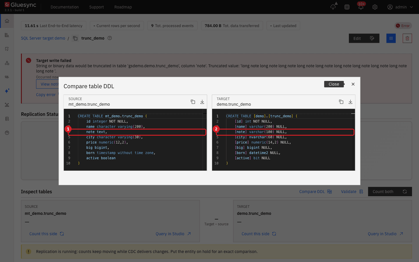 Compare table DDL dialog with the source column note text marked 1 and the target column note varchar(100) marked 2