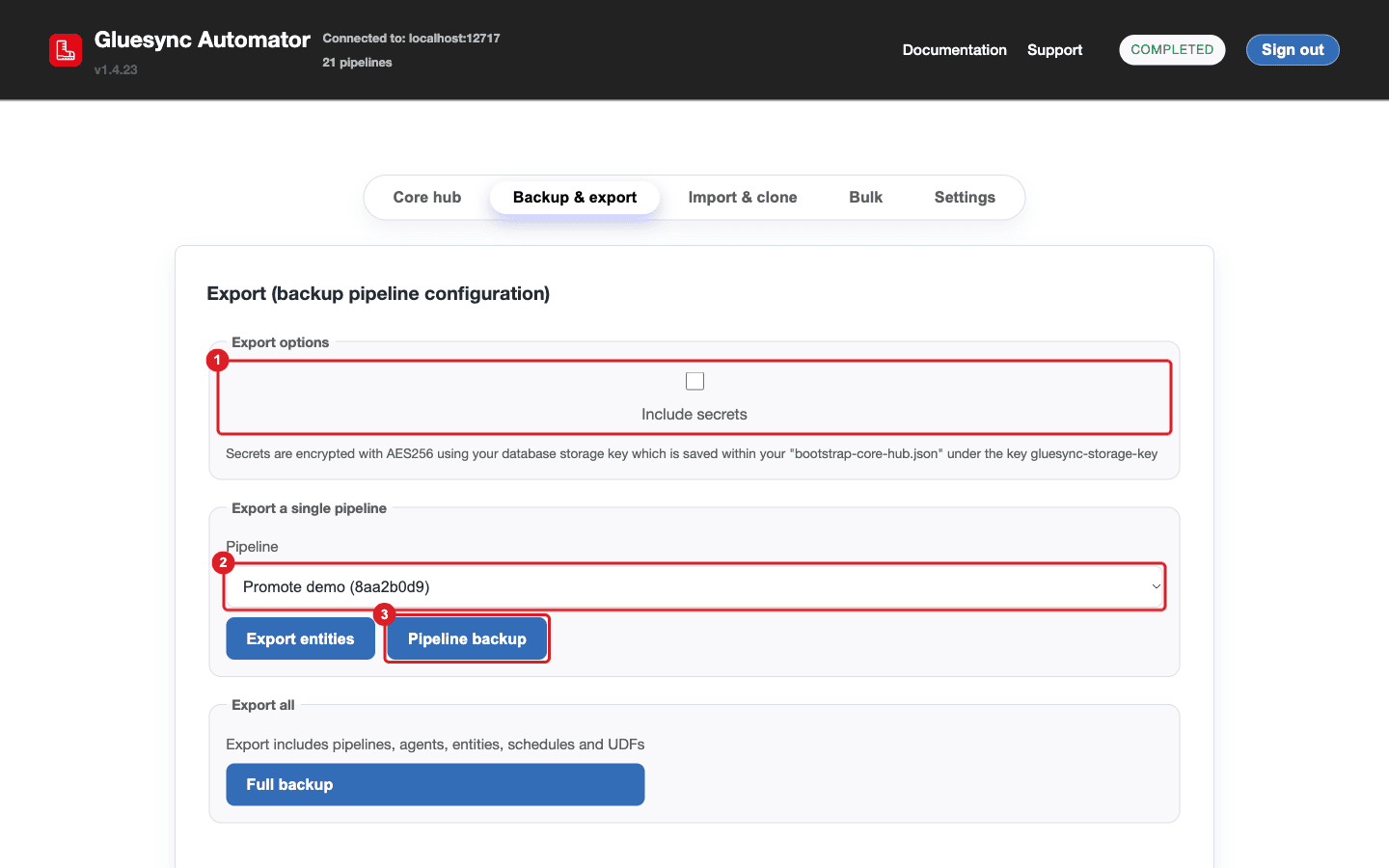 The Backup & export tab of Gluesync Automator with Include secrets unchecked (1)