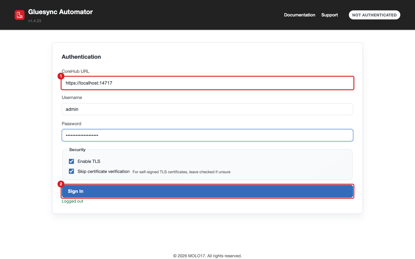 The Automator sign-in form with the production CoreHub URL marked 1 and the Sign in button marked 2.