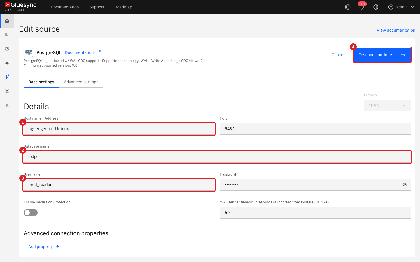 The Edit source page of the production pipeline with host pg-ledger.prod.internal (1)