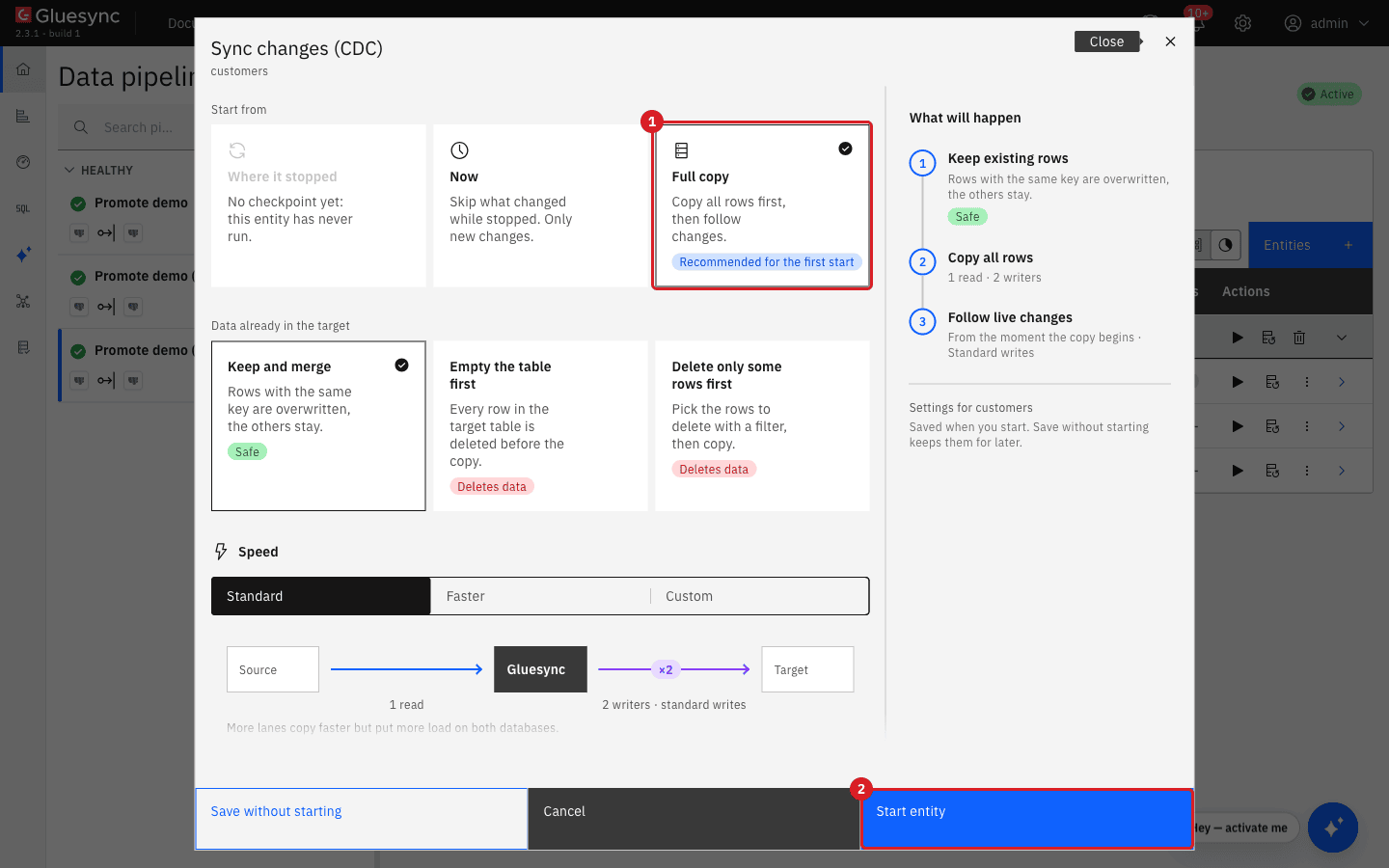 The Sync changes (CDC) dialog for customers with Full copy chosen and marked 1 and the Start entity button marked 2.