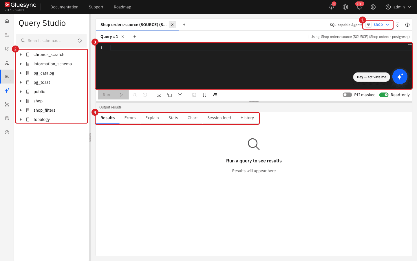 Query Studio workspace with the agent list marked 1