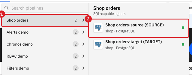 SQL-capable Agent list with the pipeline Shop orders marked 1 and the agent Shop orders-source marked 2