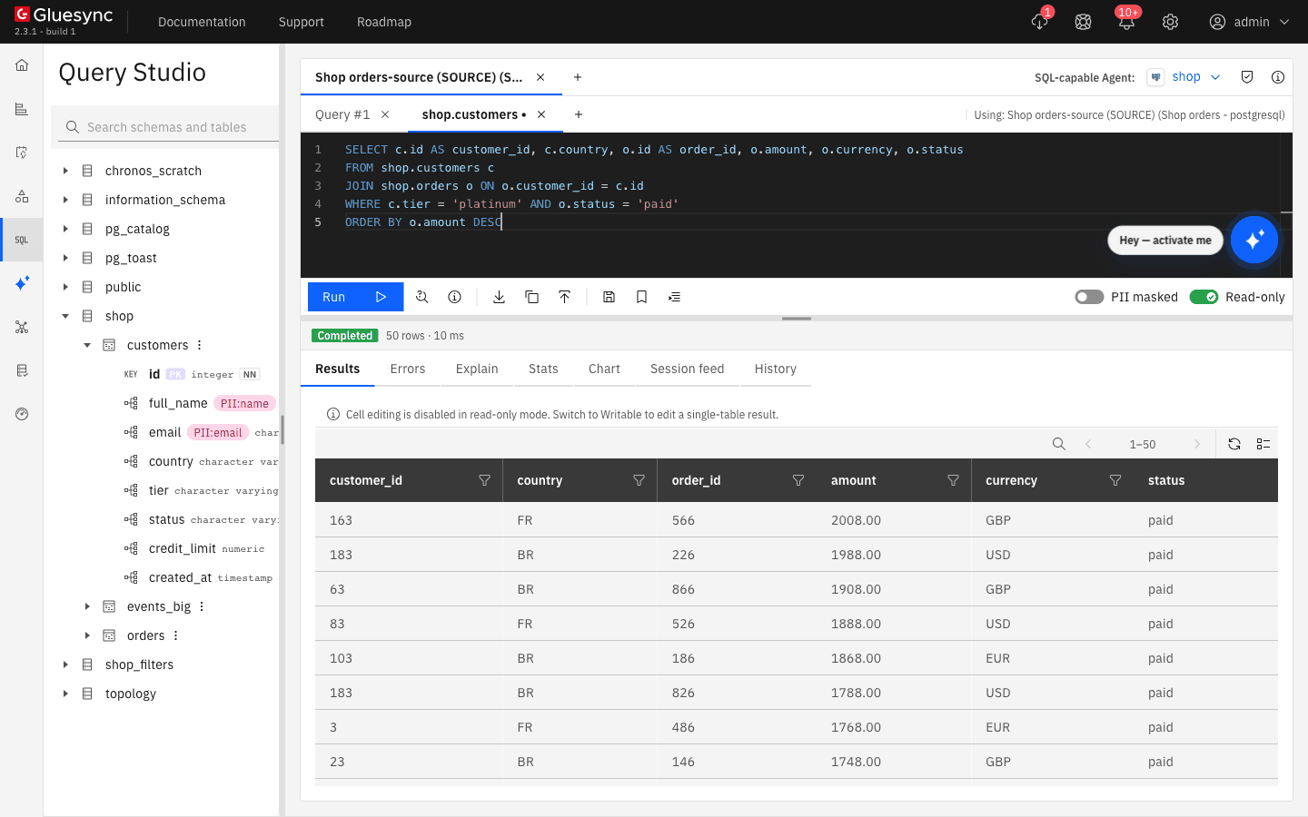 Result grid of the join query with 50 rows ordered by amount