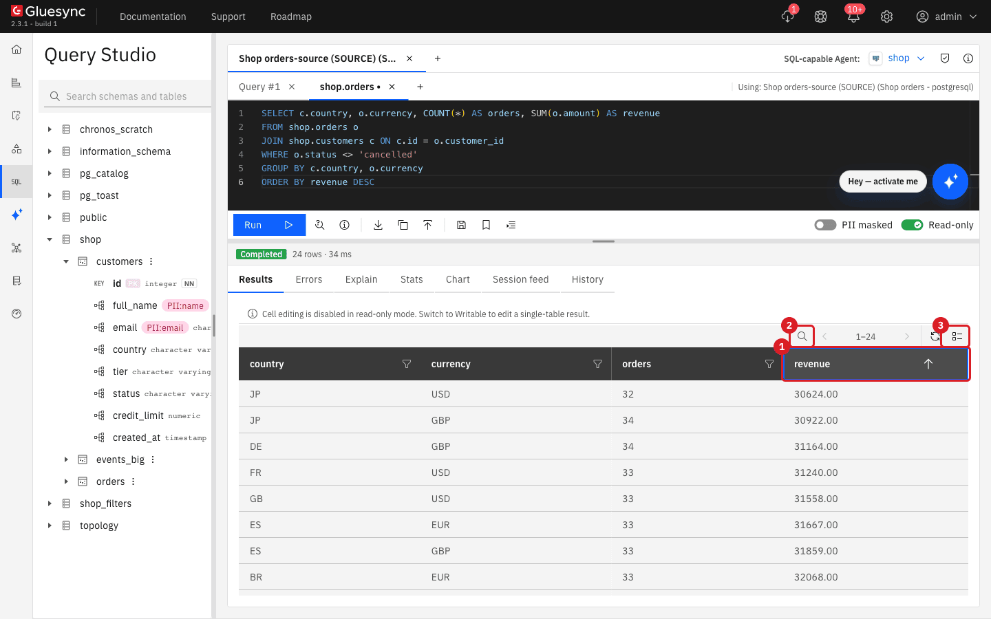 Result grid sorted by revenue with the revenue header marked 1