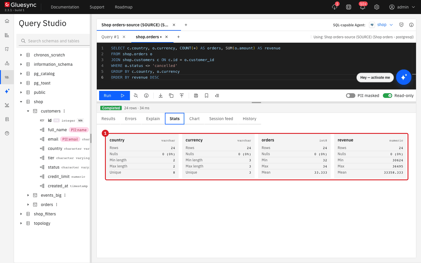 Stats tab with one card per column of the aggregate result