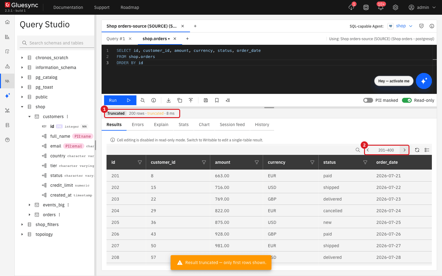 Orders result showing rows 201 to 400
