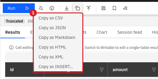 Copy result menu with the options Copy as CSV