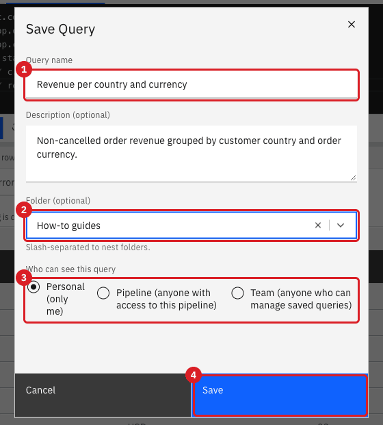 Save Query dialog with the Query name marked 1